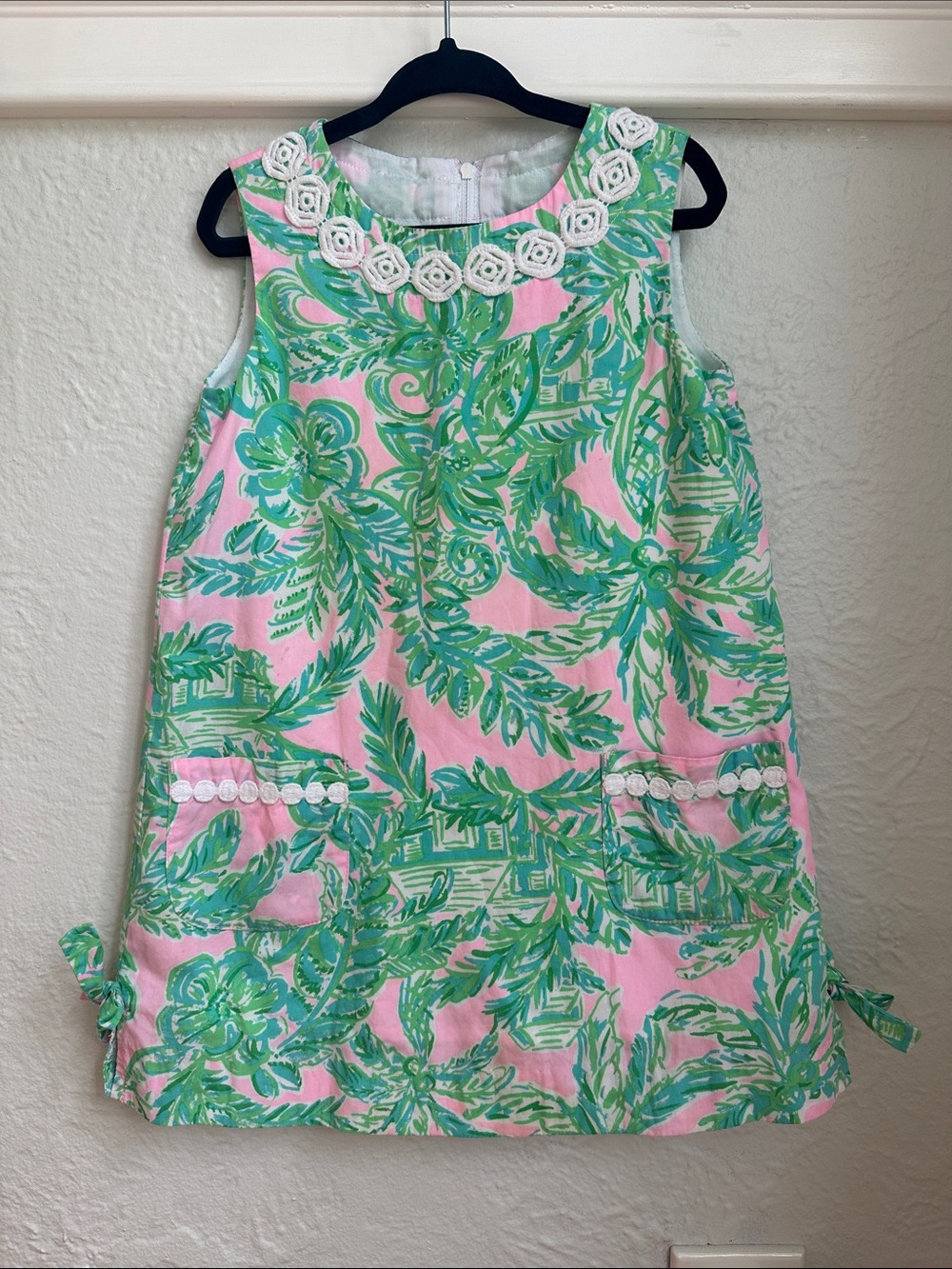 Lilly Pulitzer Pink & Green Tropical Shift Dress with White Rosette Trim